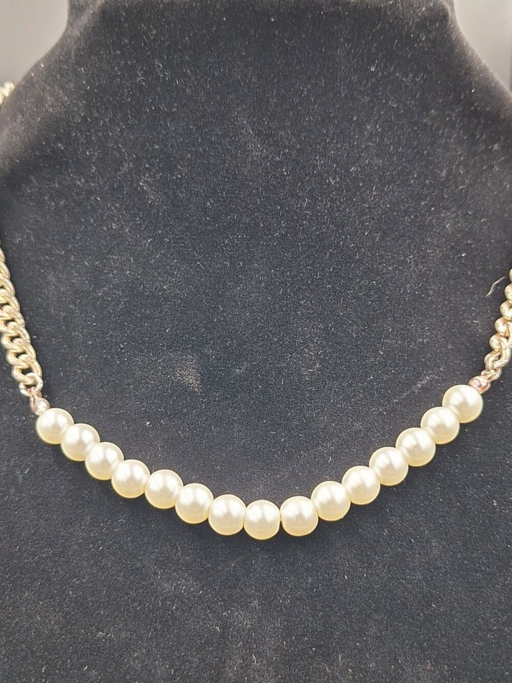 Gold Tone Curb chain half strand of faux pearls